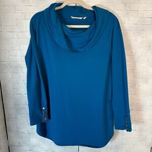 Soft surroundings cowl neck shirt aqua jersey knit button TradMom fall costal